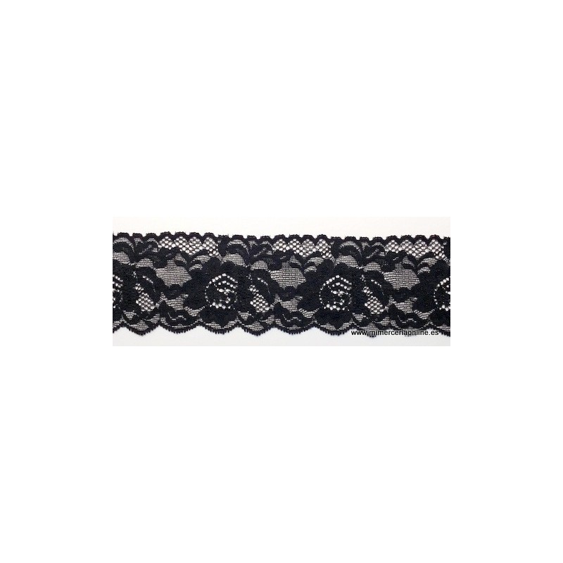 Puntilla de nylon elástica, 64mm, dibujo flores, negra